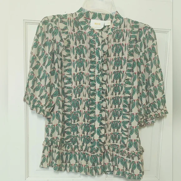 NWOT Anthropologie Maeve Parrot Ruffled  Pleated Puff Sleeve Peplum Top, Size S - Picture 5 of 11
